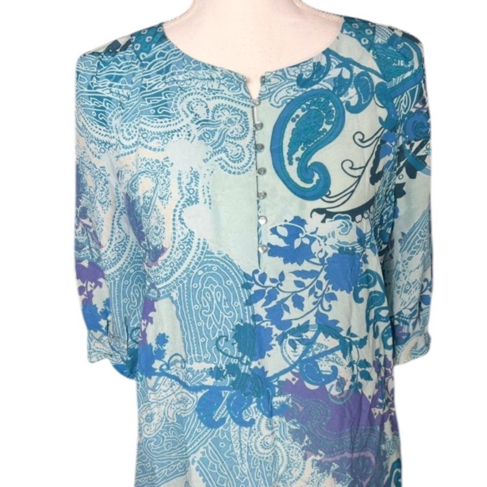 Robert Graham Dress Womens 4 Blue Silk Boho Coastal Artsy Abstract 3/4 Sleeve - Picture 2 of 6